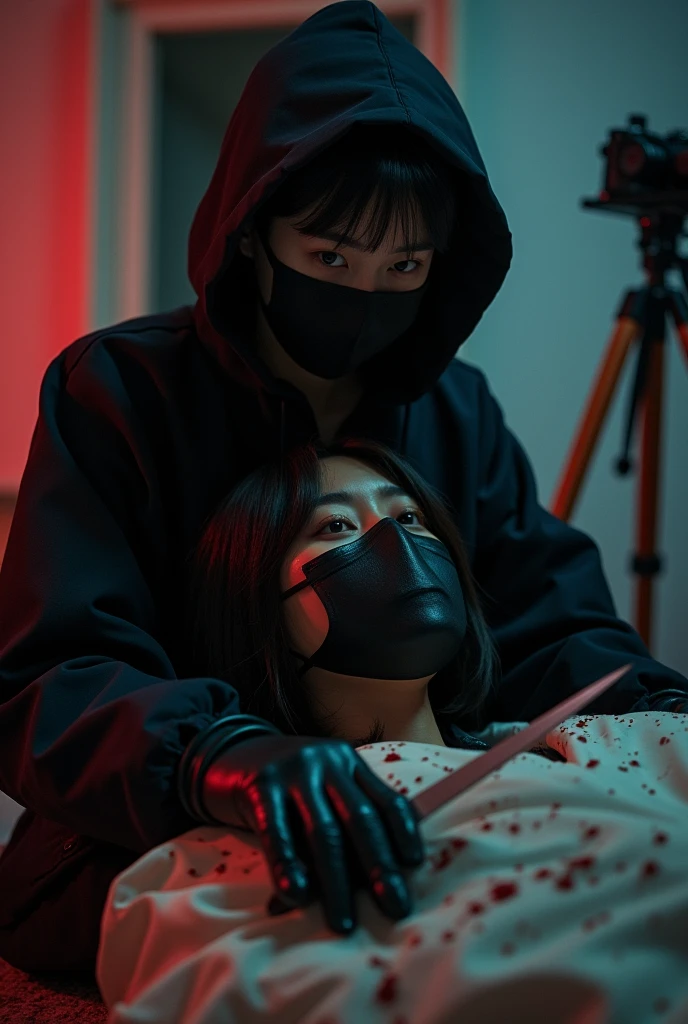 korean girl, (behind stiff, holding knife), black surgical mask, black leather gloves, room, black raincoat, hood up, holding knife, leather gloves, woman on top, behind cadaver, blood splatter, bed room, night, mass murderer, killer, short hair, blood splatter, dark atmosphere, cinematic lighting, atmospheric realistic, red lighting, close-up, tripod and camera in the back, shooting with camera
