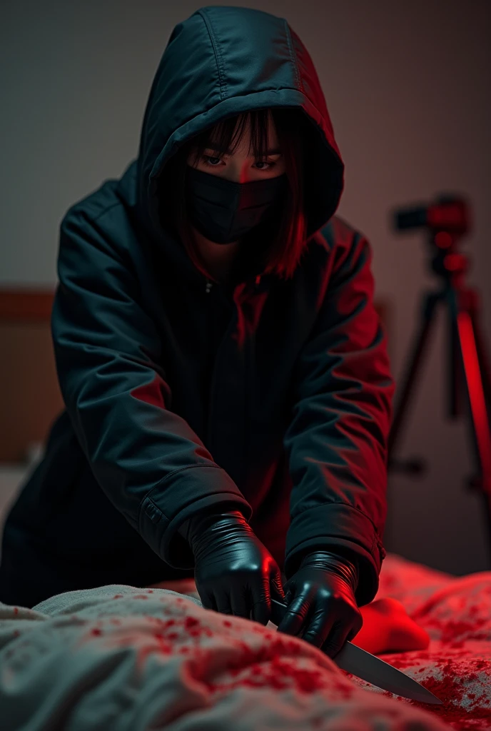 korean girl, (behind stiff, holding knife), black surgical mask, black leather gloves, room, black raincoat, hood up, holding knife, leather gloves, woman on top, behind cadaver, blood splatter, bed room, night, mass murderer, killer, short hair, blood splatter, dark atmosphere, cinematic lighting, atmospheric realistic, red lighting, close-up, tripod and camera in the back, shooting with camera
