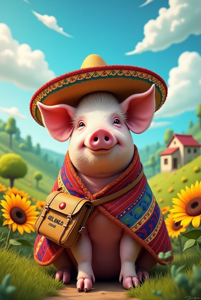 Pig with paisa hat, with poncho and saddlebag in the form of a slogan