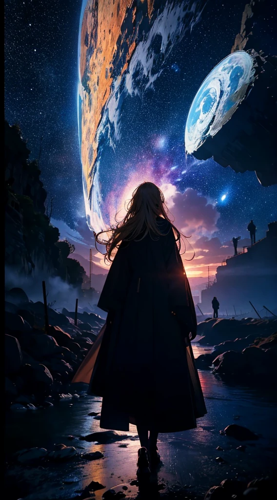 1people々々々々々々々々々々々々々々々々,Blonde long-haired woman,Long coat, Dress Silhouette, Rear View,universe ,A cracked planet in the sky,