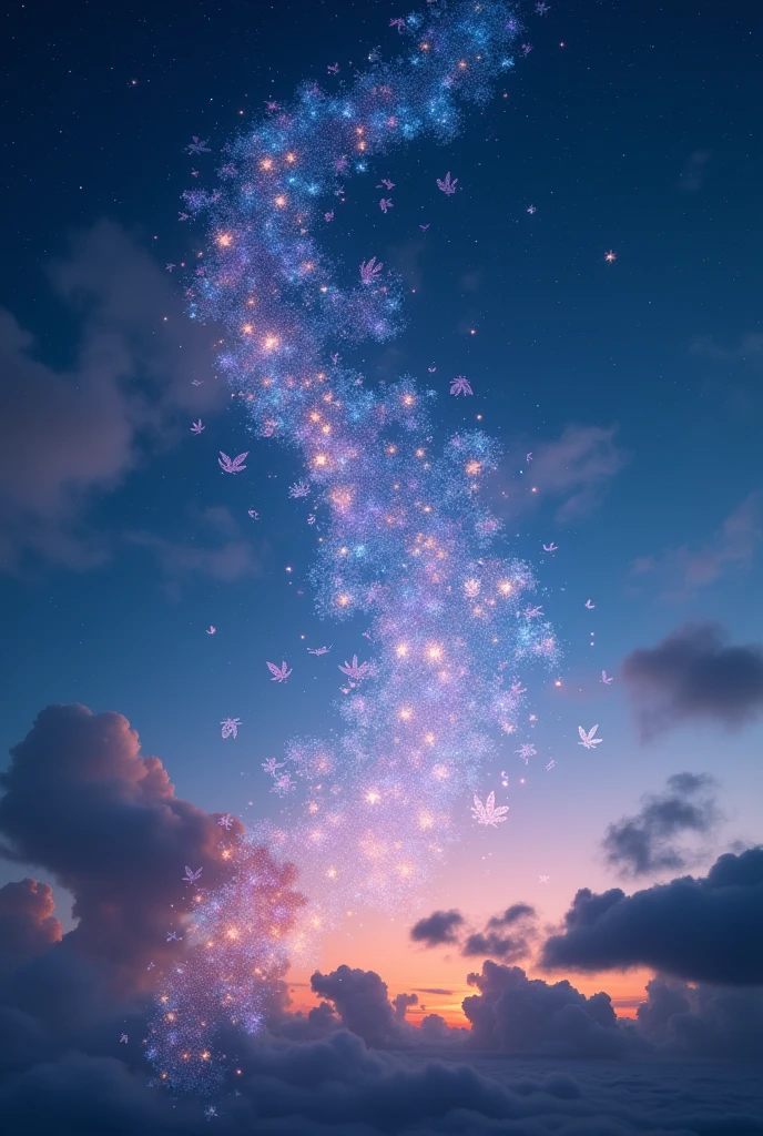 Hologram fragments dancing in the evening sky Swaying in the wind, it rises into the sky