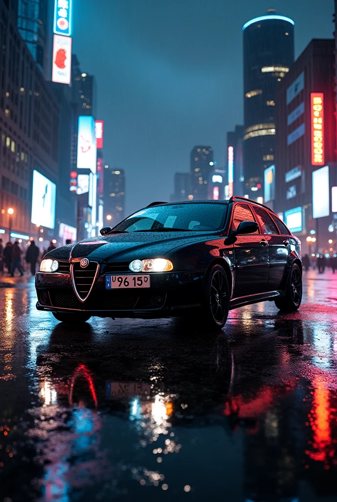 black alfa romeo 159 SW night storm in city 