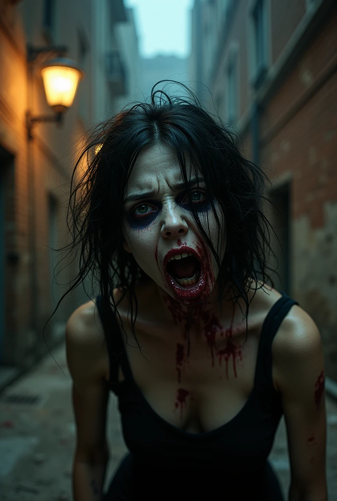 Terrible figure of a woman.  His face is disfigured, his eyes are bleeding.