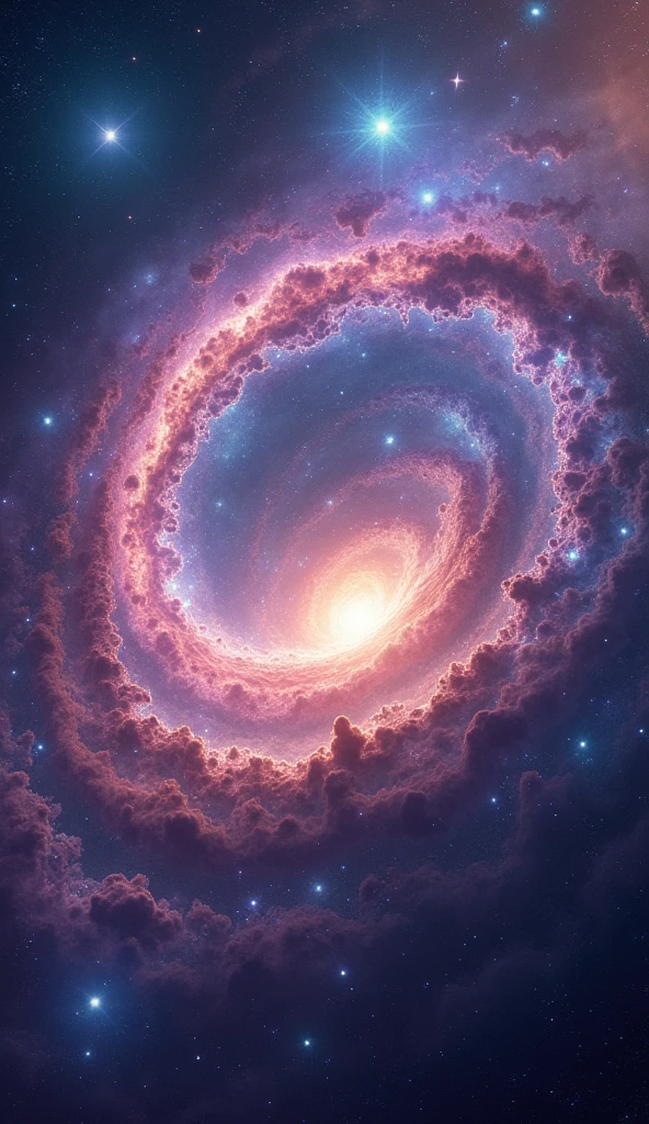 Imagine a breathtaking, otherworldly galaxy that stretches across the vastness of space like a magnificent tapestry of light and color. This galaxy is not just a collection of stars, but a vibrant, living entity, where entire nebulae pulse with glowing hues of pink, lavender, and turquoise. The spiral arms of the galaxy twist and curl gracefully, each arm adorned with clusters of stars that shine like precious gems against the velvet backdrop of space. Within the heart of the galaxy lies a radiant core, a brilliant, pulsating light that sends ripples of energy throughout the entire structure, causing the surrounding stars and cosmic clouds to shimmer and dance in response.
The galactic core is surrounded by swirling tendrils of cosmic dust and gas, illuminated by the light of newborn stars. These tendrils stretch outwards, intertwining with the spiral arms and creating a dynamic web of light that connects every corner of the galaxy. Among the stars, massive, glowing clouds of ionized gas float like ethereal rivers, their edges tinged with vibrant colors as they interact with the stellar winds. Occasionally, supernovae burst forth in brilliant explosions of light, sending shockwaves through the surrounding space, adding to the ever-changing tapestry of the galaxy.
Throughout the galaxy, clusters of planets and moons orbit around their parent stars, some with surfaces made of crystalline structures that refract the light into dazzling patterns. Others are enveloped in thick, colorful atmospheres that glow softly, giving the appearance of giant, floating lanterns in the depths of space. The entire galaxy is alive with movement and light, a symphony of celestial phenomena that captures the imagination and inspires awe at the infinite beauty of the cosmos.