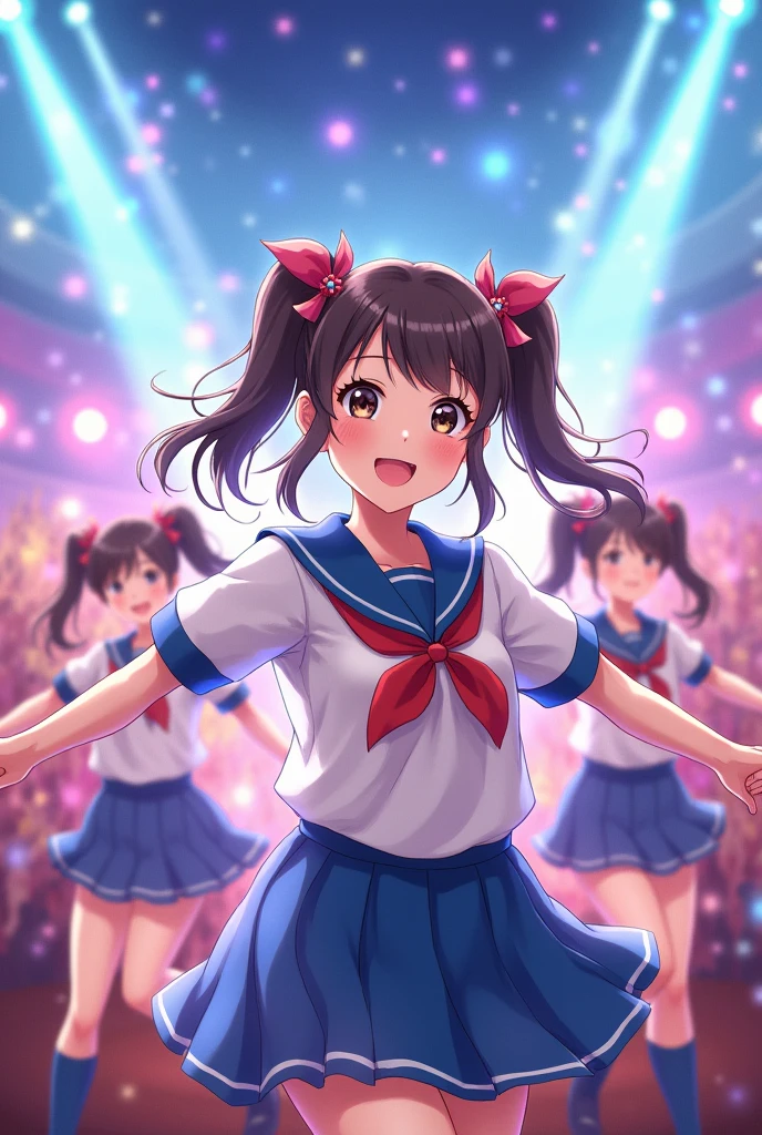 Highest quality、High resolution、Detailed Background、(Beautiful face in every detail:1.4)、Normal number of fingers、Highly detailed face、Detailed eyes、10-year-old anime girls、Perfect body line、ponytail、A big smile、
Idols dancing on stage in cosplay-style sailor uniforms、Panty Shot、cute