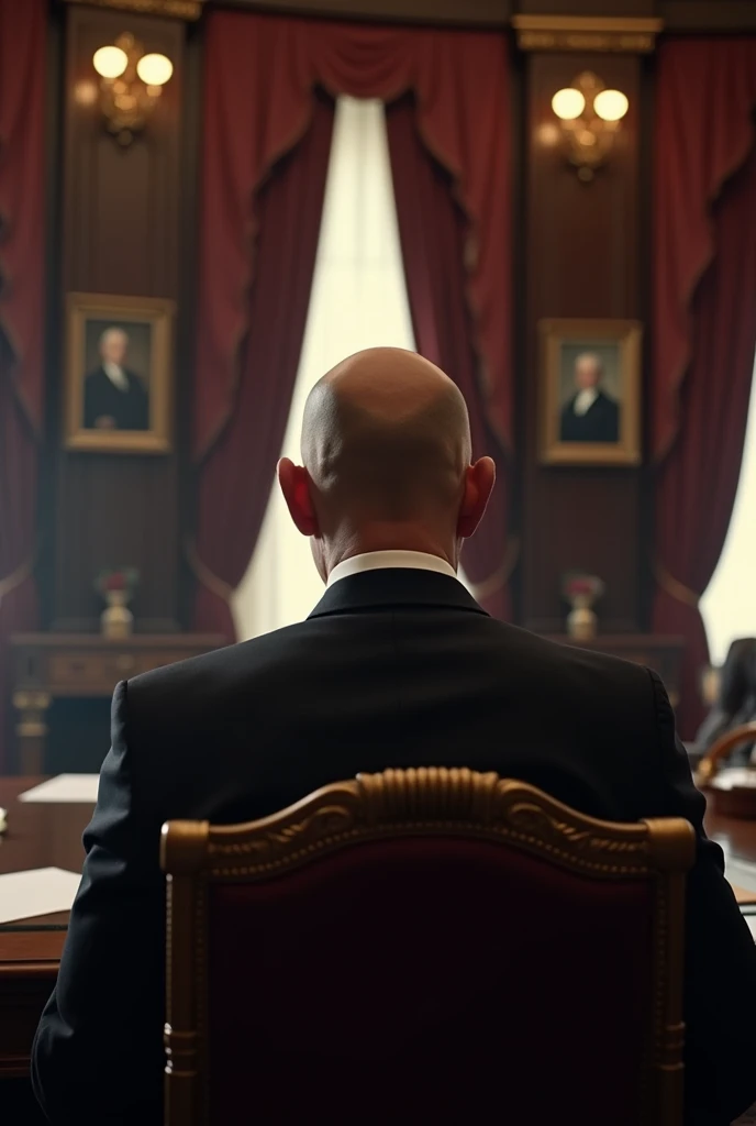Bald man from behind sitting on presidential chair