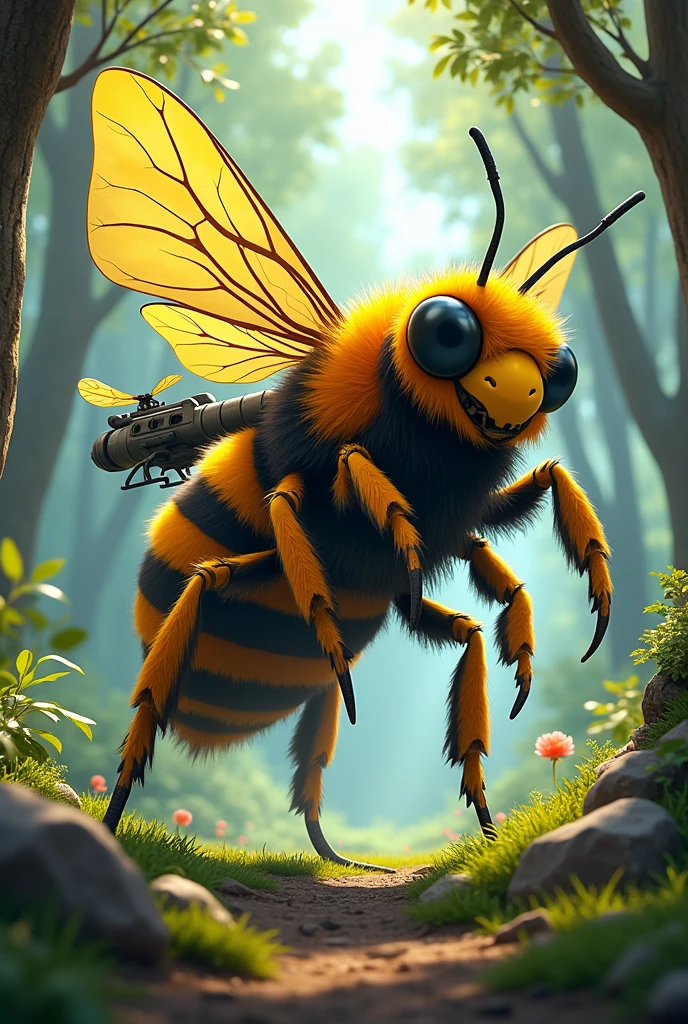 Please help me draw a giant bee with a machine gun ass, helicopter propellers on its back, and a forest in the background.