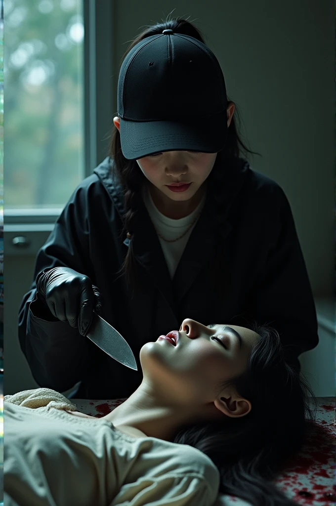 korean girl, (behind stiff, holding knife), stabbing black surgical mask, black gloves, torture chamber, black raincoat, trucker hat, holding knife, black gloves, woman on top, behind cadaver, blood splatter, on the bed, looking at viewer, mass murderer, killer, low ponytail, blood splatter, dark atmosphere, cinematic lighting, atmospheric realistic, light from the window,
