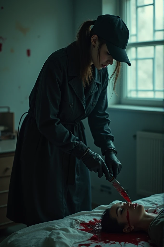 korean girl, (behind stiff, holding knife), stabbing black surgical mask, black gloves, torture chamber, black raincoat, trucker hat, holding knife, black gloves, woman on top, behind cadaver, blood splatter, on the bed, looking at viewer, mass murderer, killer, low ponytail, blood splatter, dark atmosphere, cinematic lighting, atmospheric realistic, light from the window,