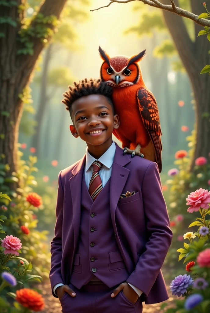 Red owl and a brown boy in a purple suit