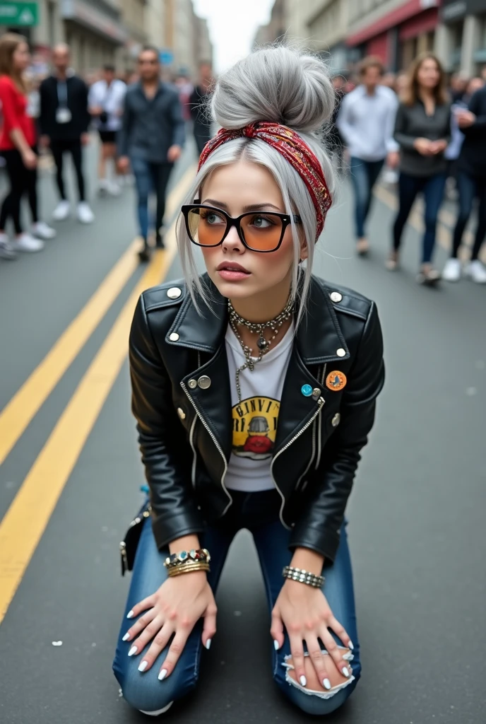 russian old milf woman, grey hair (huge top bun) and bandana as headband (big maxi glasses), with very light blue eyes, extremely pale. Wearing cropped white moto jacket with lots of zippers and pins, cropped guns and roses t-shirt, dark skinny blue jeans with holes and white tennis sneakers . Lots of metallic bracelets and collars. Tacky wide leather belt with oversized buckle. Long earrings. Kneeling like in a payer, a little bent, looking up, eyes and mouth wide open in amazement. Hands on her knees. Listening in amazement to somebody speaking to her, toned six pack abdominals, thin legs and thin arms. A lot of people around. Wrinled hands and neck