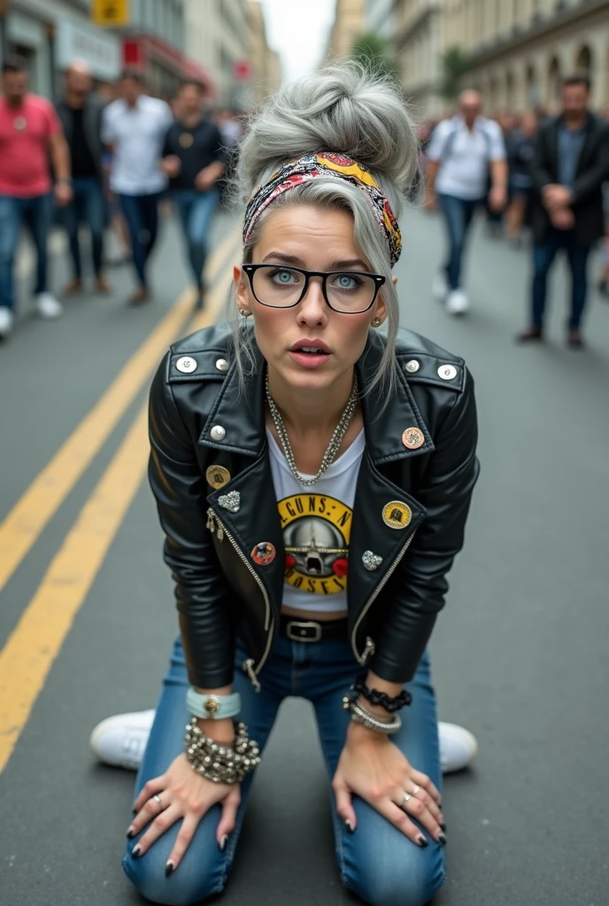 russian old milf woman, grey hair (huge top bun) and bandana as headband (big maxi glasses), with very light blue eyes, extremely pale. Wearing cropped white moto jacket with lots of zippers and pins, cropped guns and roses t-shirt, dark skinny blue jeans with holes and white tennis sneakers . Lots of metallic bracelets and collars. Tacky wide leather belt with oversized buckle. Long earrings. Kneeling like in a payer, a little bent, looking up, eyes and mouth wide open in amazement. Hands on her knees. Listening in amazement to somebody speaking to her, toned six pack abdominals, thin legs and thin arms. A lot of people around. Wrinled hands and neck