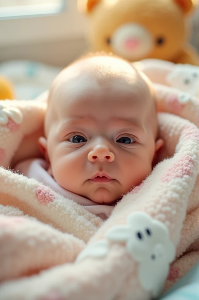 Take a photo of a 2-month-old baby with a pointed nose, thick eyebrows, handsome and bald
