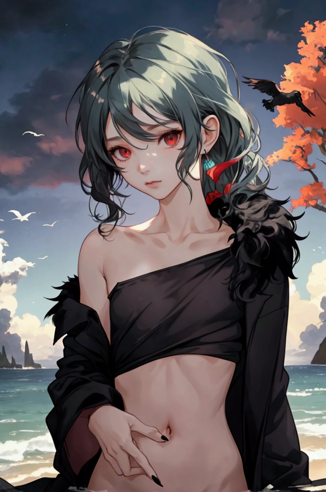 NSFW, short boy, feminine small shotacon, holding crow pet, small fragile body, black fur-lined clothes hanging on the shoulder, little to no clothes (showing core body), black hair, very messy mullet hair, bangs, shining crimson eyes, masterpiece, 8k, photorealistic, chiaroscuro lighting, dramatic shadows, cinematic composition, coast background, wearing black short, sharp black nails