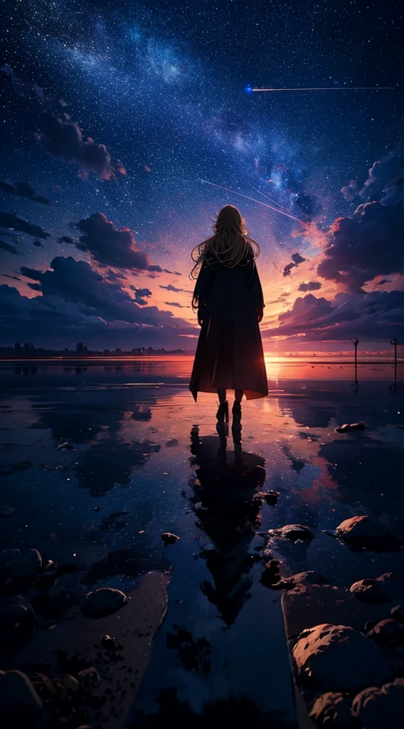 1people々々々々々々々々々々々々々々々々,Blonde long-haired woman,Long coat, Dress Silhouette, Rear View,Space Sky, Cracked Earth,