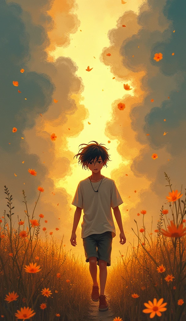 A person who has fallen down but is rising again with a determined expression. In the background, there are faint shadows of previous failures, but the path ahead is bright and full of hope.