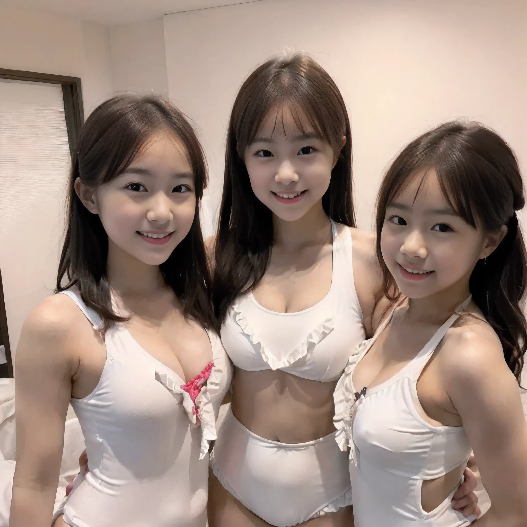 3 girls in bedroom,glittery pink school swimsuit with white trim,18-year-old,bangs,a little smiles,thighs,crotch,knees,wet hair,low poneytail,from below