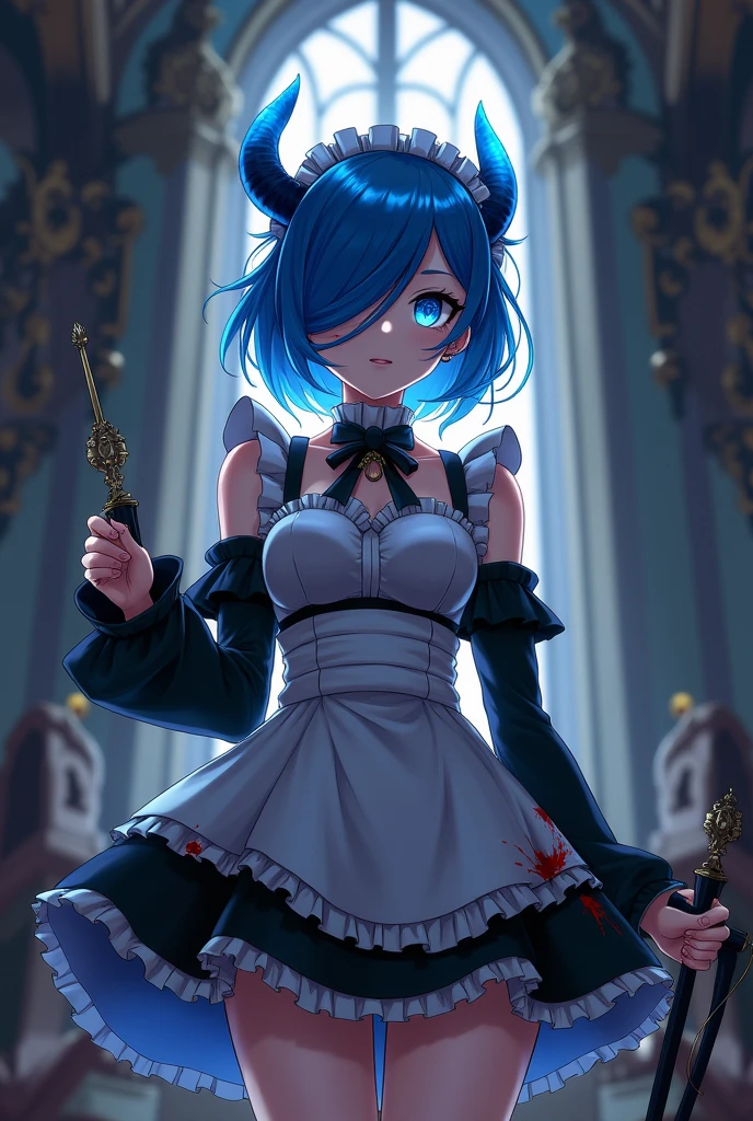 1girl, anime coloring, black sleeves, blood, blood on clothes, blood on face, blood splatter, blue eyes, blue hair, chain, detached sleeves, frills, glowing horns, hair ornament, hair over one eye, holding, holding weapon, horns, looking at viewer, maid, rem \(), ribbon, roswaal mansion maid uniform, short hair, single horn, solo, weapon, x hair ornament