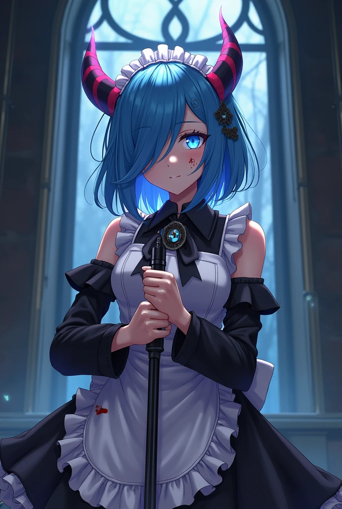 1girl, anime coloring, black sleeves, blood, blood on clothes, blood on face, blood splatter, blue eyes, blue hair, chain, detached sleeves, frills, glowing horns, hair ornament, hair over one eye, holding, holding weapon, horns, looking at viewer, maid, rem \(), ribbon, roswaal mansion maid uniform, short hair, single horn, solo, weapon, x hair ornament