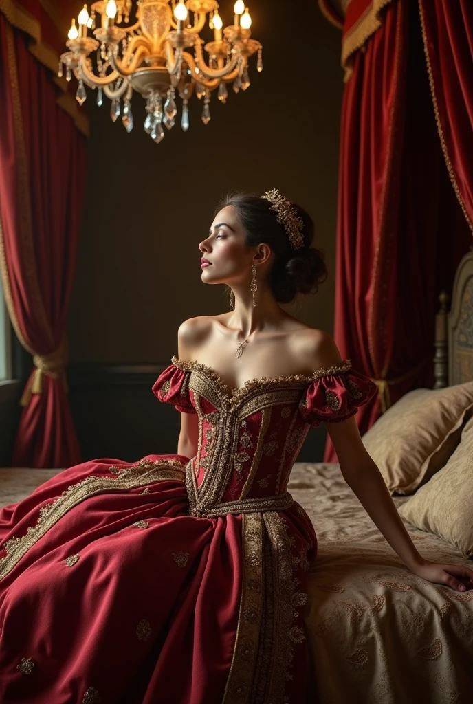 A naked woman, wearing a Renaissance dress, whose breasts hang out of her dress, because she bends over the bed.