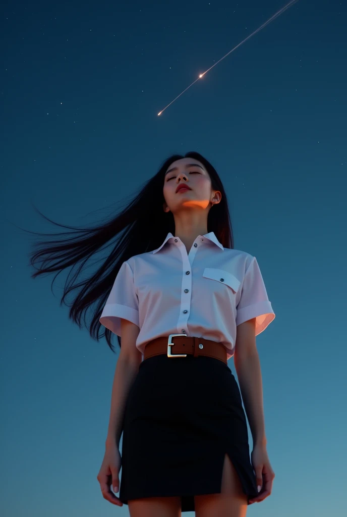 Korean-thai super model woman, in Thai university uniform, black tight slit mini skirt, starry sky, bright stars, slim and perfect figure, medium breasts, emphasize on breasts and hip and bottoms and thigh, rule of thirds, white woman-short-sleeve button up shirt, white sneakers, brown suede belt, silver rectangle solid plate belt buckle, silver shirt buttons, black long straight messy hair, blow hair, beautiful face, dynamic compositions, 1 shooting star, standing, wishing, close eyes, tilt her head back, two hands fold together, very dark, blue tone, orange highlight, slender, close hands, high detailed, best quality, masterpiece, 32k, ultra high resolution