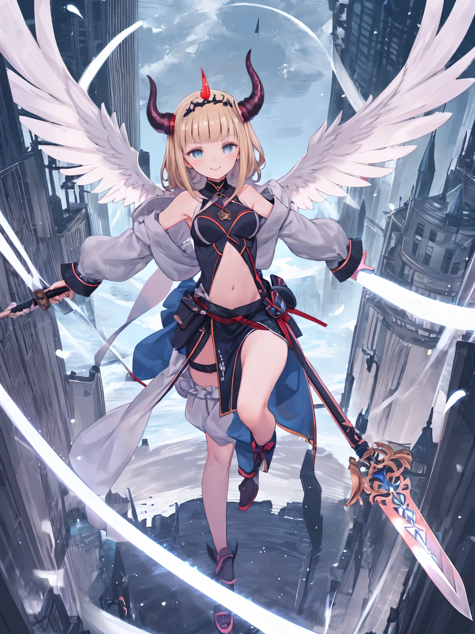 fantasy, 1devil_girl, low_, platina_blond_hair,long_bangs,, bare_shoulder, navel out, thighhighs,silver_armor, white_clothes,waist_armor, Glebe, hold_swords, medium_breasts, dynamic_flying_pose,Floating, (1pair_wings:1.2),(pelvic_curtain:1.3), silver_Headgear ,looking_down_at_sunrise_city_sky_background,,slightly_spread_legs, some_swords,some_swords_floating_around_the_girl,solo,horn ,smile,,open_legs,open_arms,rise_knee,rise_leg,rise_thigh,rise_leg,forward_leaning_posture,apart_legs,