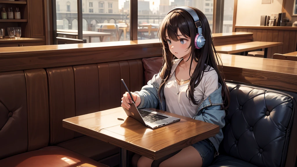 Girl with headphones enjoying music in a cafe I am studying Emphasize a little bit of the chest