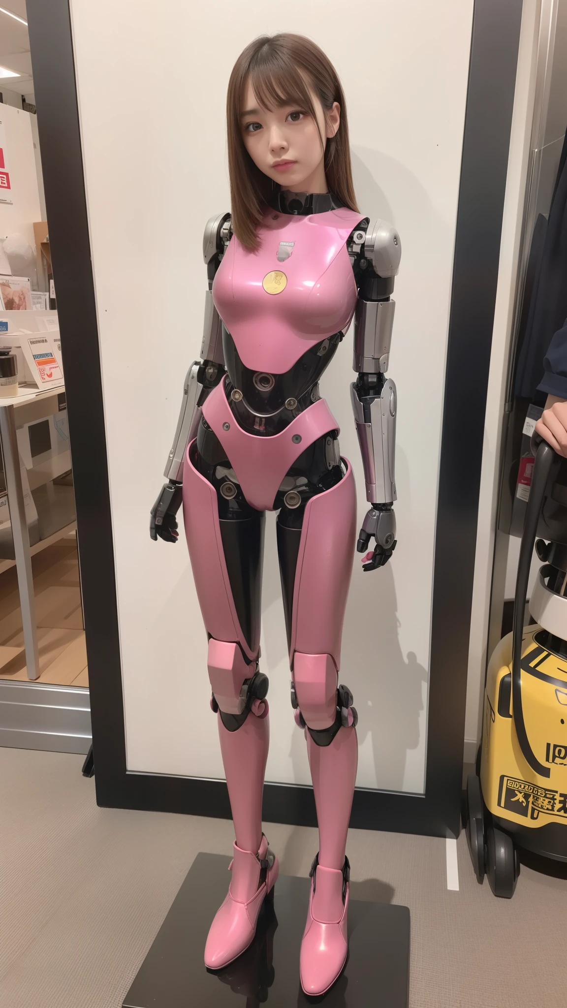 Robot Girl, pink there, Silver, Metallic body, Robot Parts, Metal Parts, Super Detailed Face, Super well-formed face, of the highest quality, a small face, small head, Brown hair, Slender body, Camera gaze, Internal Mechanical Exposure, Idol, front facing, Well-proportioned body, sale, Exhibited, Event Hall, Moe Pose, job interview suit machine armor, Standing with legs open, Model body type, sad, Embarrassing,(Perfect Robot Girl),(Perfect machine body)