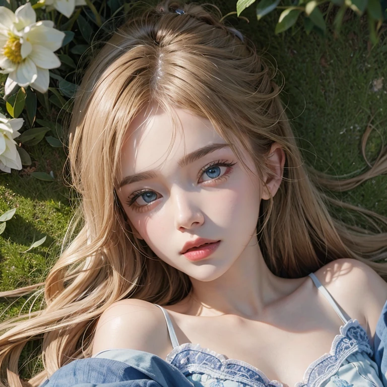 masterpiece: 1.2, Portraiture, Highest quality), Realistic, (Live Action, Intricate details, Written boundary depth), Highest quality, masterpiece, Attention to detail, semi-Realistic, Sleeping on the grass, shy, 21 years old, Short blonde, blue eyes, blonde、 Slim figure、Shoulder Bare、Shorts 、Blue sky and a few clouds、Rolling on the lawn
