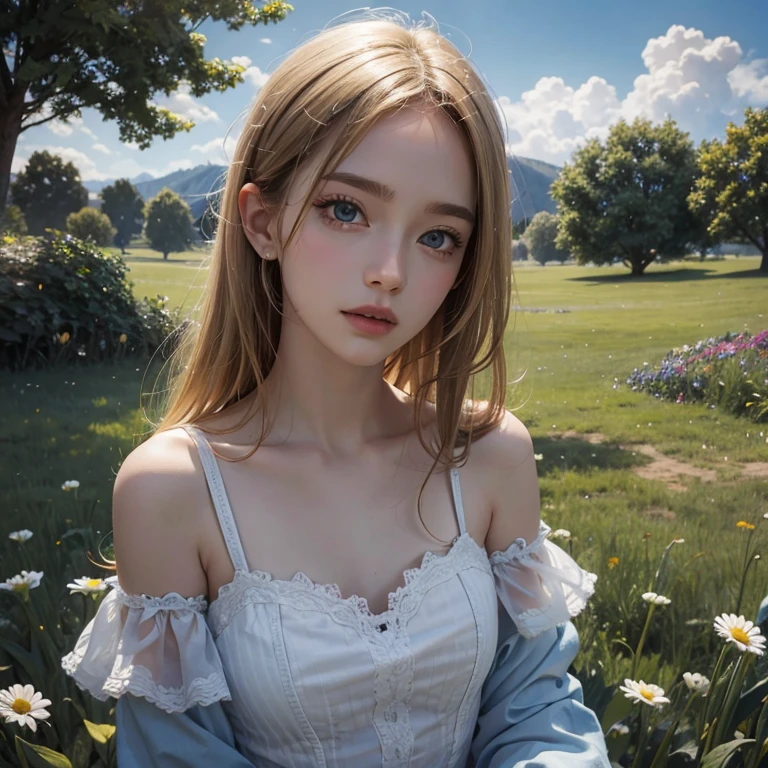 masterpiece: 1.2, Portraiture, Highest quality), Realistic, (Live Action, Intricate details, Written boundary depth), Highest quality, masterpiece, Attention to detail, semi-Realistic, Sleeping on the grass, shy, 21 years old, Short blonde, blue eyes, blonde、 Slim figure、Shoulder Bare、Shorts 、Blue sky and a few clouds、Rolling on the lawn