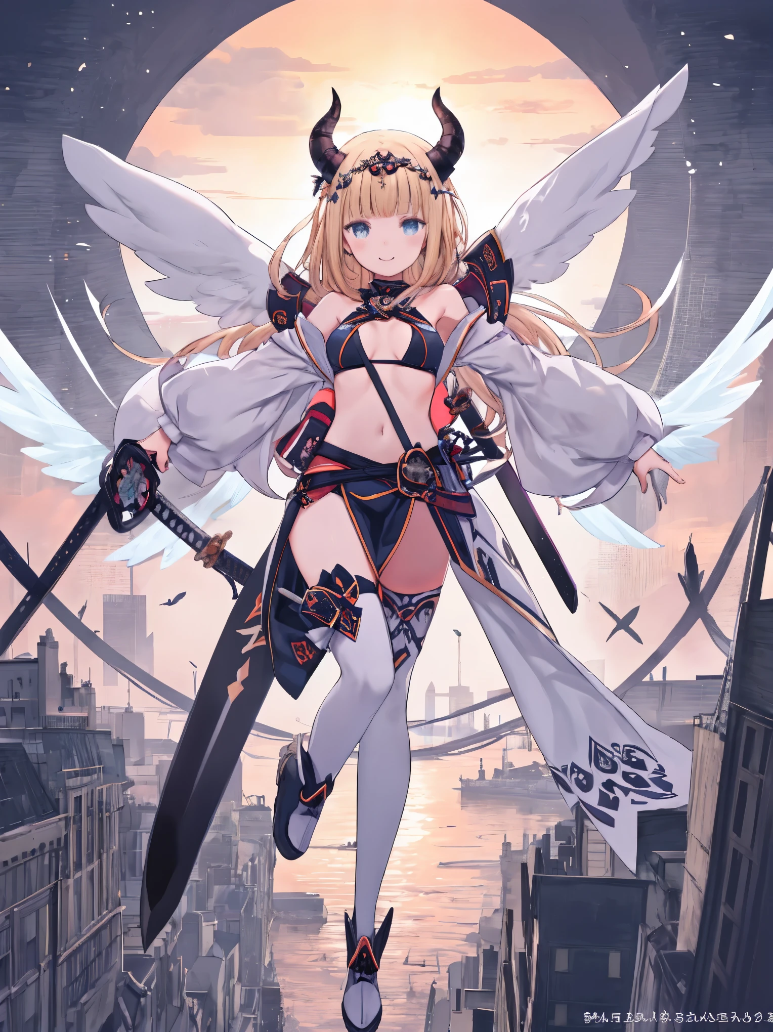 fantasy, 1devil_girl, low_teen, platina_blond_hair,long_bangs,, bare_shoulder, navel out, thighhighs,silver_armor, white_clothes,waist_armor, Glebe, hold_swords, , dynamic_flying_pose,Floating, (1pair_wings:1.2),(pelvic_curtain:1.3), silver_Headgear ,looking_down_at_sunrise_city_sky_background,,slightly_spread_legs, some_swords,some_swords_floating_around_the_girl,solo,horn ,smile,,open_legs,open_arms,rise_knee,rise_leg,rise_thigh,rise_leg,forward_leaning_posture,apart_legs,