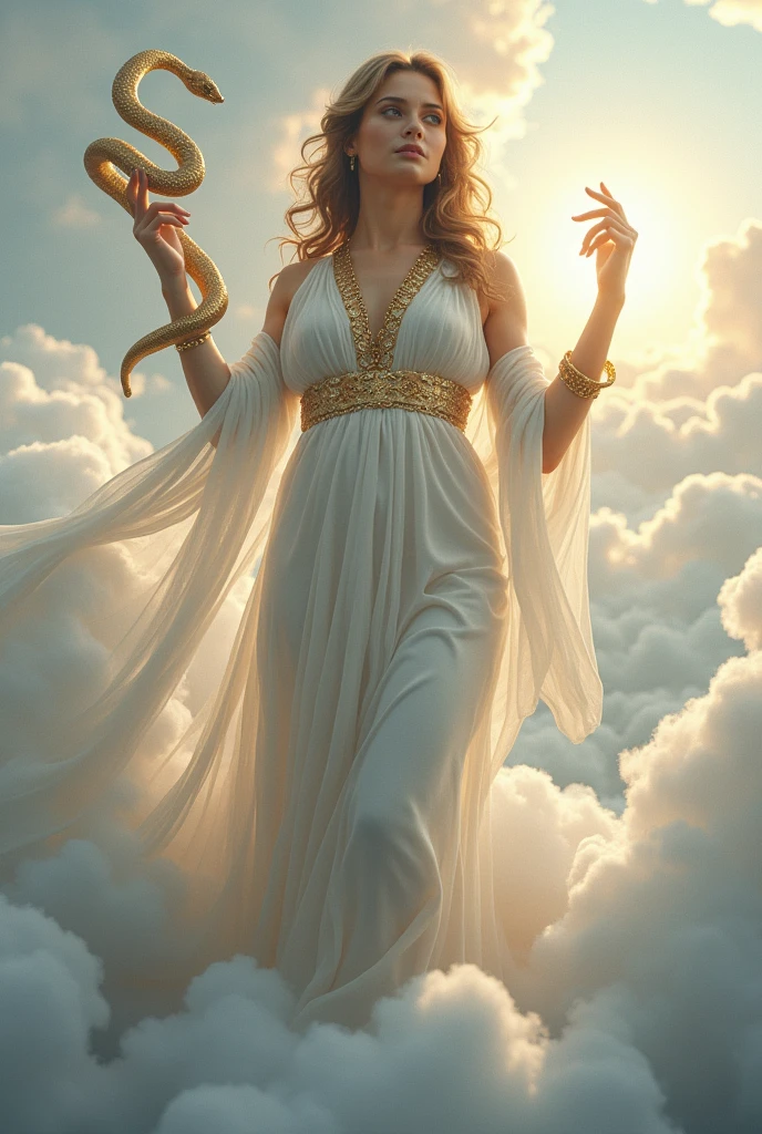 (photorealism:1.2), greek goddess, standing on the clouds, wearing white clothes, golden jewelry, left hand holding snake, right hand hold snake, light in background.