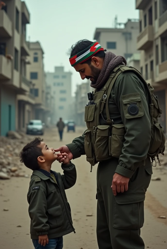 Picture of a Palestinian soldier in green uniform wearing a Palestinian flag headband and face covering carrying an RPG kissing his son's hand in Gaza