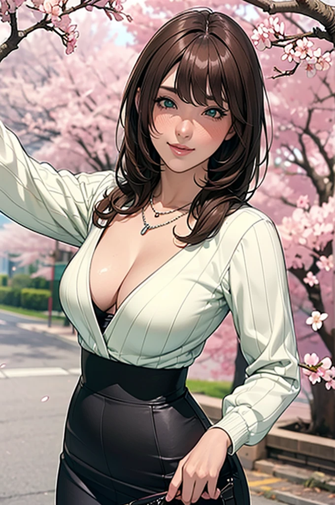 ((masterpiece, Highest quality, High resolution, NFSW, Pixel perfect, Depth of written boundary, 4K,NFSW, NFSW))), One Girl, single, alone, Fantasy, Beautiful Anime, Beautiful art style, Anime characters, ((Long Hair, bangs, Brown Hair)), ((Green Eyes:1.4, Round eyes, Beautiful eyelashes, Realistic eyes)), ((Detailed face, blush:1.2)), ((Smooth texture:0.75, Realistic texture:0.65, Realistic:1.1, Anime CG style)), ((Medium chest, Cleavage, Big Breasts)), Dynamic Angle, Perfect body, ((throw, Selfie pose, Portraiture)), ((White sweater, Long sleeve, Black Skirt, Checked skirt, Fashionable, 1 handbag, 1 diamond necklace)), smile,  amusement park, ((Cherry tree, Cherry blossoms fall))