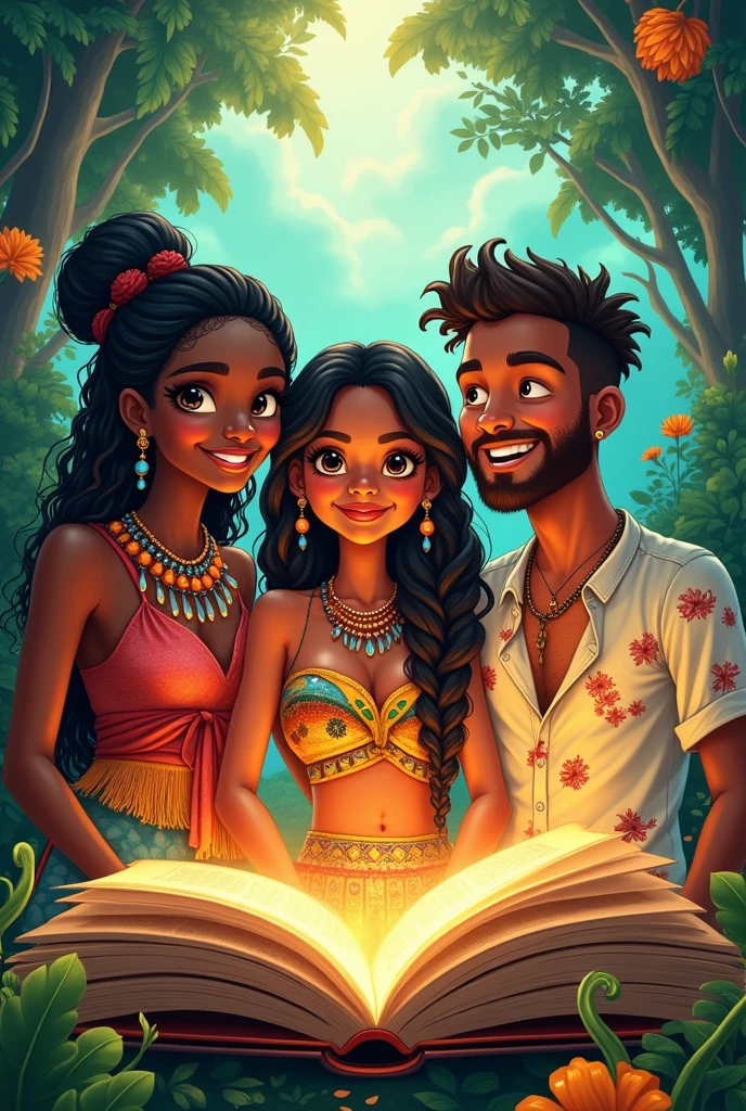 three people. a black African woman, A VERY BEAUTIFUL INDIAN GIRL FROM THE AMAZON AND A MAN FROM THE NORTHEAST OF BRAZIL, ALL SMILING AND WELL CHARACTERIZED COMING OUT OF A BOOK IN AN ARTISTIC WAY
