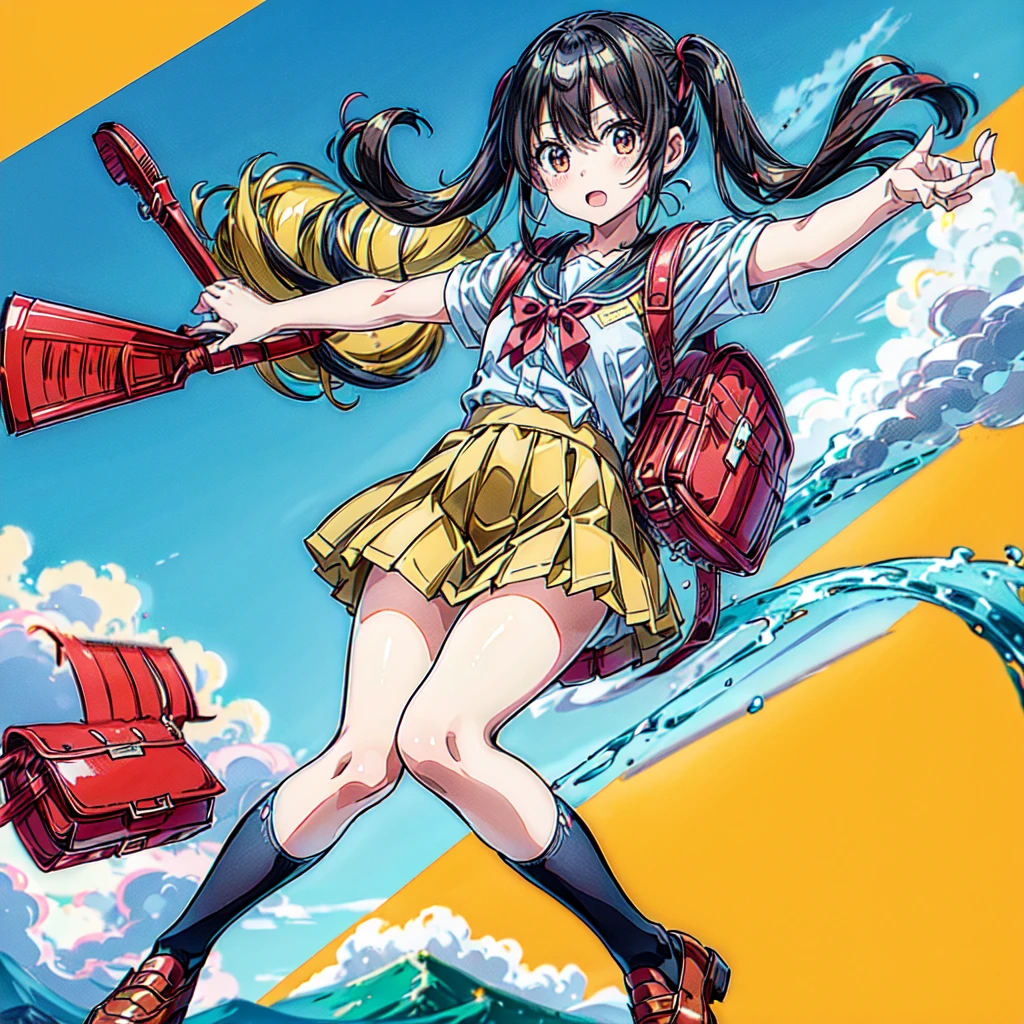 1girl,The best composition、Highest quality、Masterpiece、Twin tails、Landscape、skip、強風にあおられた小学生のが前に進めずTwin tailsがオールバックになっている、Red dress、Shiori high socks、Brown Loafers、Red School Bag、Primary yellow background、