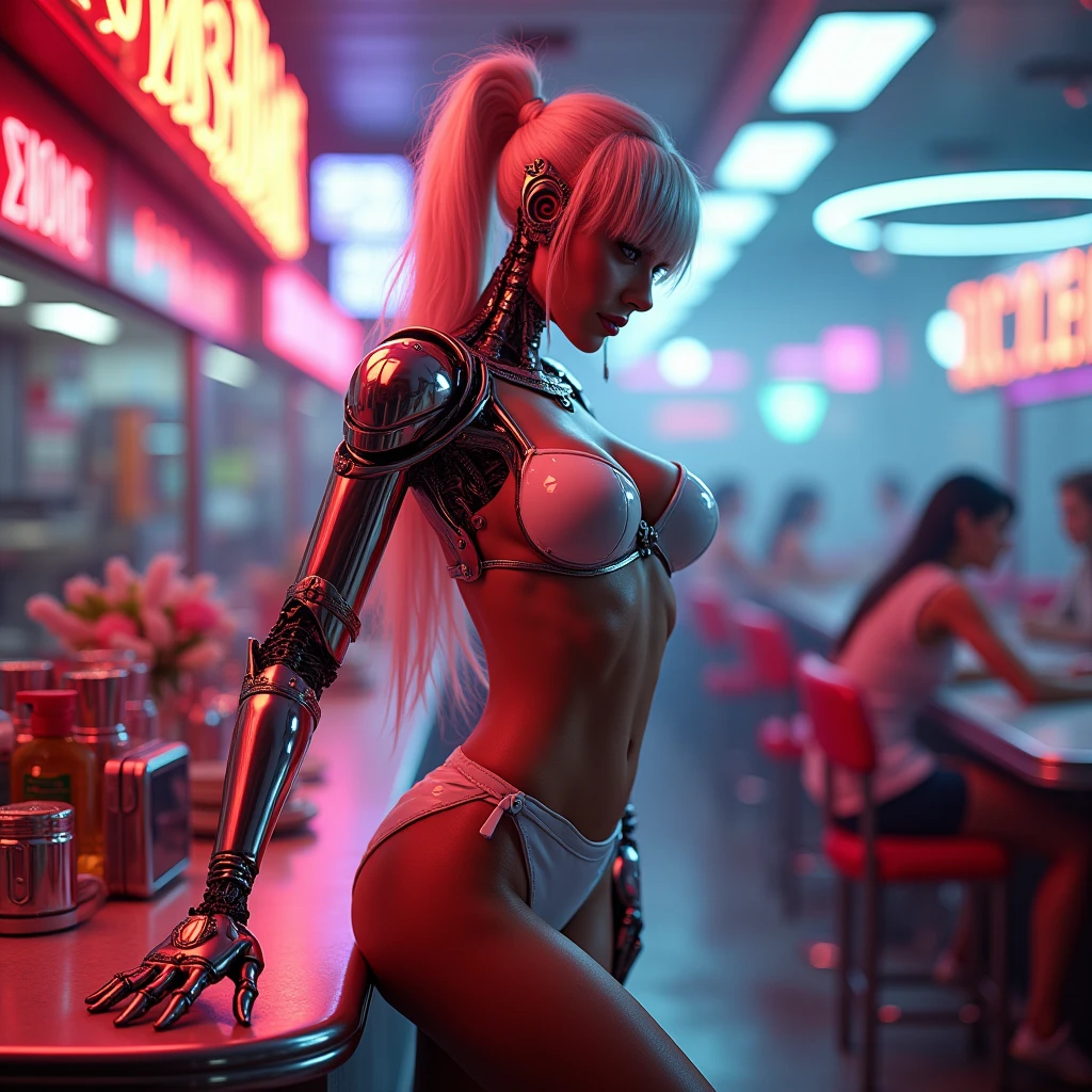 girl macacão látex mutant waitress robot zombie radical, frontal, belly thin waist, big breast, big ass, muscular thigh, white metallic bikini, light pink 8k , alta definition, sharp details