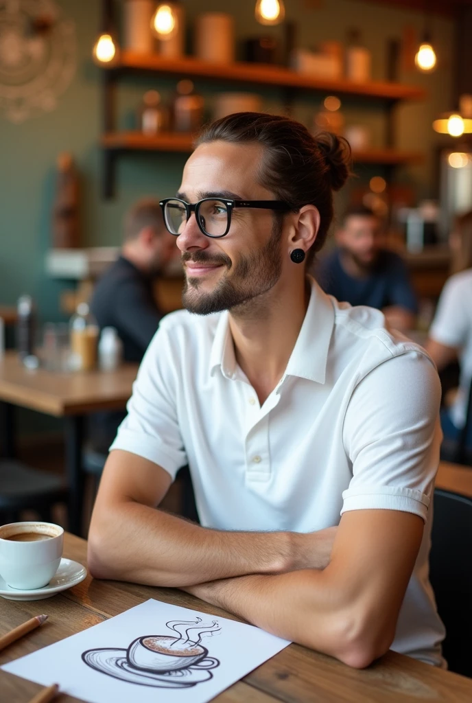 Young white man with hair tied back, wearing glasses and a white polo shirt, with a little beard, with a large black earring in his right ear, drawing a cup of coffee next to him in a cafeteria