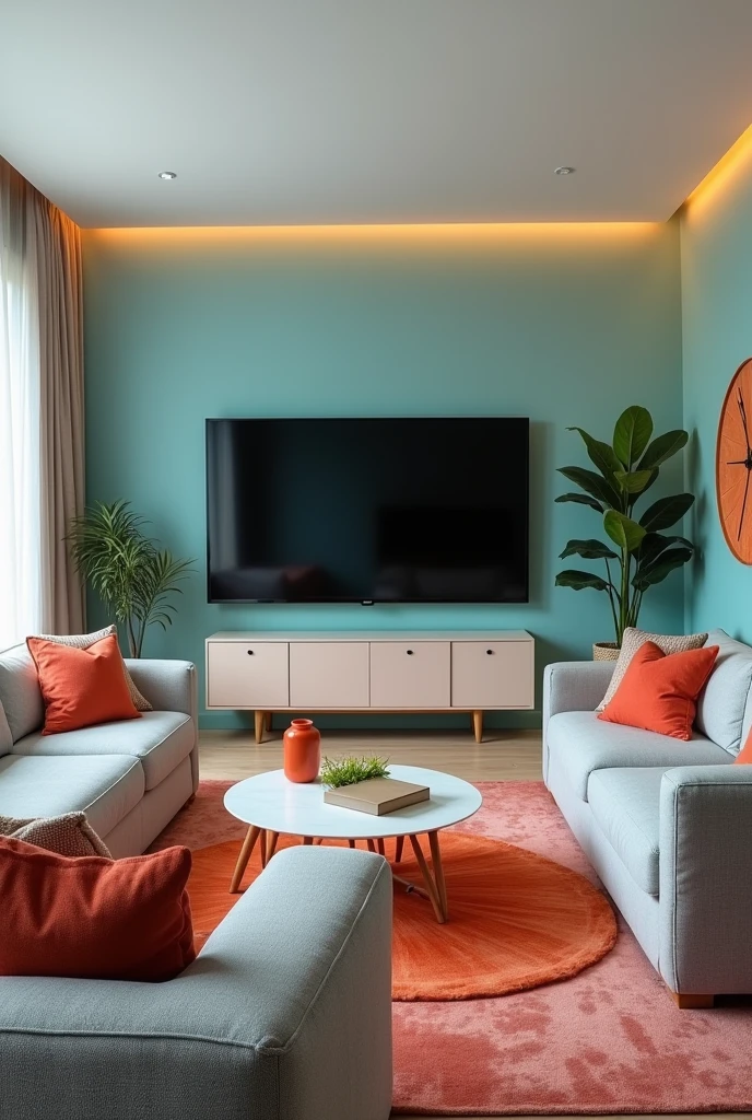 best qualityer:1.4), (ultra high resolution:1.2), (photorrealistic:1.4), (8k, CRU photo:1.2),  1 living room. A gray 8-seater sofa and a gray 4-seater sofa. The room&#39;s decor is colorful in baby blue, orange, pink and green.. There is a giant television screen on the wall in front of the sofas.. There is a medium clock on the wall with a red button.