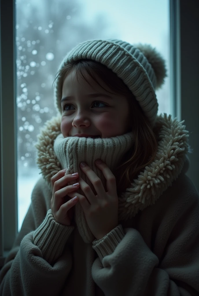 A girl in winter clothes, her eyes tearful, pushes a soft, pleasantly scented sock deeper into her mouth. The sock fills her mouth completely, and as she attempts to push it further, her throat tightens, and she struggles to breathe. Despite the danger, she shows a faint smile, finding an odd sense of satisfaction in the act. 