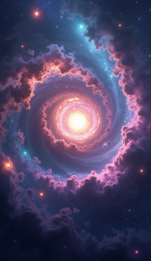 Imagine a breathtaking, otherworldly galaxy that stretches across the vastness of space like a magnificent tapestry of light and color. This galaxy is not just a collection of stars, but a vibrant, living entity, where entire nebulae pulse with glowing hues of pink, lavender, and turquoise. The spiral arms of the galaxy twist and curl gracefully, each arm adorned with clusters of stars that shine like precious gems against the velvet backdrop of space. Within the heart of the galaxy lies a radiant core, a brilliant, pulsating light that sends ripples of energy throughout the entire structure, causing the surrounding stars and cosmic clouds to shimmer and dance in response.

The galactic core is surrounded by swirling tendrils of cosmic dust and gas, illuminated by the light of newborn stars. These tendrils stretch outwards, intertwining with the spiral arms and creating a dynamic web of light that connects every corner of the galaxy. Among the stars, massive, glowing clouds of ionized gas float like ethereal rivers, their edges tinged with vibrant colors as they interact with the stellar winds. Occasionally, supernovae burst forth in brilliant explosions of light, sending shockwaves through the surrounding space, adding to the ever-changing tapestry of the galaxy.

Throughout the galaxy, clusters of planets and moons orbit around their parent stars, some with surfaces made of crystalline structures that refract the light into dazzling patterns. Others are enveloped in thick, colorful atmospheres that glow softly, giving the appearance of giant, floating lanterns in the depths of space. The entire galaxy is alive with movement and light, a symphony of celestial phenomena that captures the imagination and inspires awe at the infinite beauty of the cosmos.