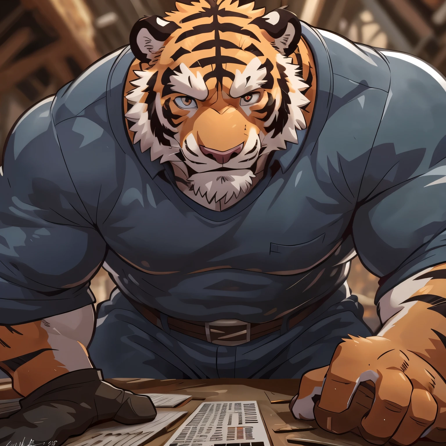 anthro tiger, ((tiger)) 4k, high resolution, best quality, posted on e621, solo, anthro body, male, adult, masculine, correct anatomy, (icon), (blurry background, out-of-focus background:1.2), (by takemoto arashi:1.0), (by wfa:1), (by Taran Fiddler:0.5), (by Bontiage), old, (cel shaded, cartoony shading:1.2), ultra detailed face, high details, good eyes, balanced eyes, black lineart, black outline, flat coloring, (strong shadows, dark shadows:1.2), working, sweating, wearing dirty gloves, ((cold color)), at construction side, (upperbody:1.4), center, first person perspective, wearing dirty construction clothes.