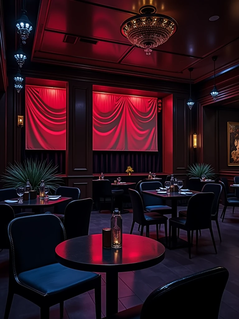 there is a room with tables and chairs and a projector screen, detailed an empty jazz cafe, ballroom background, random background scene, neo - noir setting, red room, nightclub, stage background, vip room, rich atmosphere, theatrical scenery, theater stage, empty stage, palatial scene, fancy restaurant, rich cinematic atmosphere, va-11 hall-a