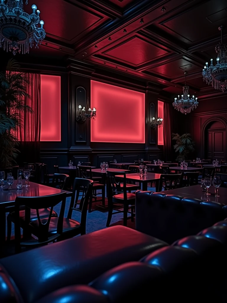 there is a room with tables and chairs and a projector screen, detailed an empty jazz cafe, ballroom background, random background scene, neo - noir setting, red room, nightclub, stage background, vip room, rich atmosphere, theatrical scenery, theater stage, empty stage, palatial scene, fancy restaurant, rich cinematic atmosphere, va-11 hall-a