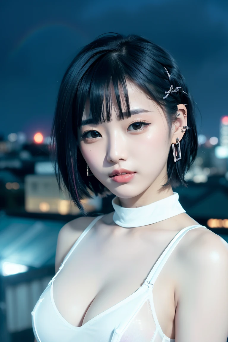 ((Rooftop of a building: 1,3)), ((Goth_punk, alone, Medium Shot, Walking the rooftops of Harajuku, ((night)), Blurry, Neon Light, Rainbow Eyes, Starry Sky, Shiny black hair, White eyebrows, Shiny Hair, (Rainbow black hair), Earring, good, jewelry, Blunt bangs, Busy eyes, Background Blurry, Blurry, hair ornaments, sight, short hair, Portraiture, Side Lock break ((Swedish girl, White skin, White)),((Women&#39;s work suits:1.3)), break (Gal: 1. 1),(Glamour: 1. 3),(night),(Supermodel: 1.3)),break ((earring, ring)), Cowboy Shot,((Tall people)),((Android)),((Look Up)),((Top Angle:1. 3)), From above, looking at the camera,((Event Companion)),((Thin see -through)) Tight-fitting underwear with straps))、Hip、Butt、bend、