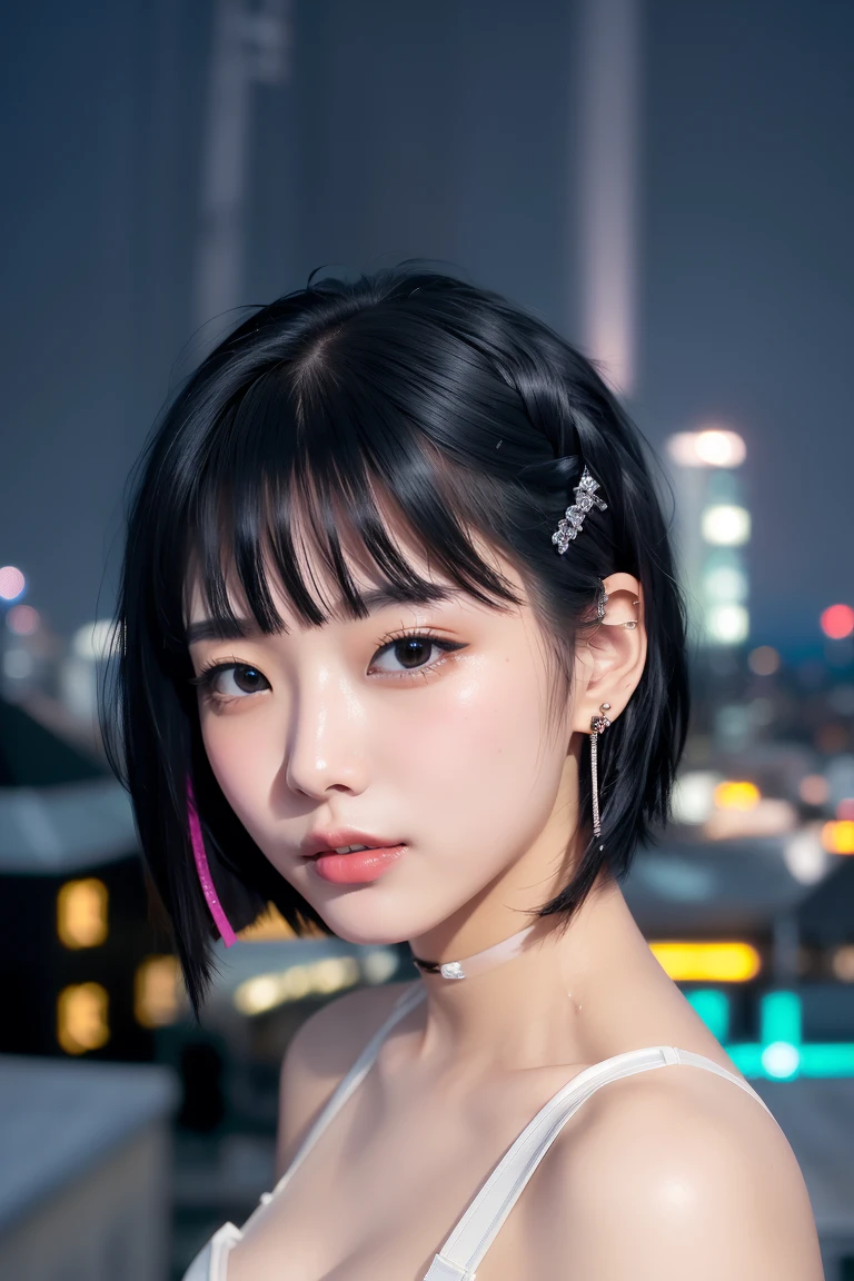 ((Rooftop of a building: 1,3)), ((Goth_punk, alone, Medium Shot, Walking the rooftops of Harajuku, ((night)), Blurry, Neon Light, Rainbow Eyes, Starry Sky, Shiny black hair, White eyebrows, Shiny Hair, (Rainbow black hair), Earring, good, jewelry, Blunt bangs, Busy eyes, Background Blurry, Blurry, hair ornaments, sight, short hair, Portraiture, Side Lock break ((Swedish girl, White skin, White)),((Women's work suits:1.3)), break (Gal: 1. 1),(Glamour: 1. 3),(night),(Supermodel: 1.3)),break ((earring, ring)), Cowboy Shot,((Tall people)),((Android)),((Look Up)),((Top Angle:1. 3)), From above, looking at the camera,((Event Companion)),((Thin see -through)) Tight-fitting underwear with straps))、Hip、、bend、