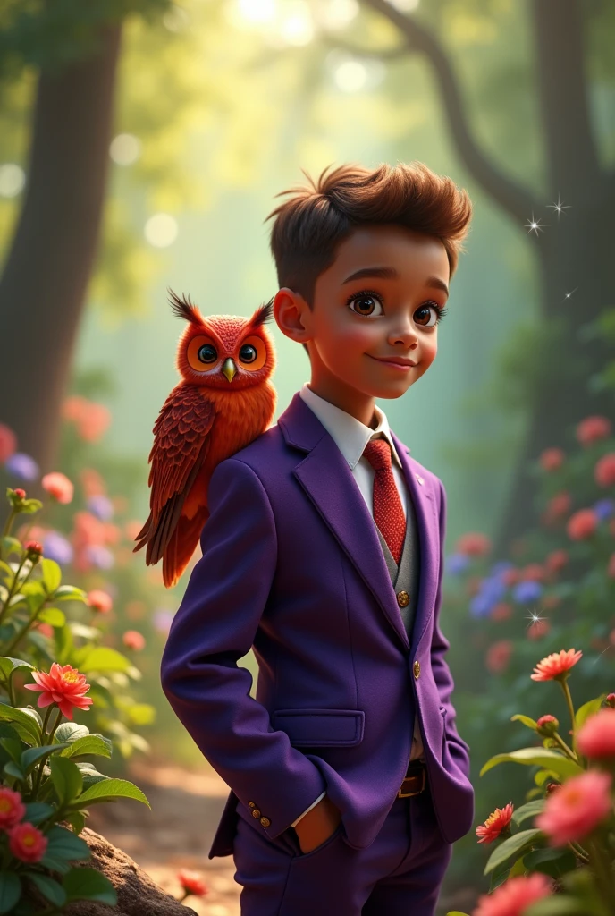 Red owl and a brown boy in a purple suit 