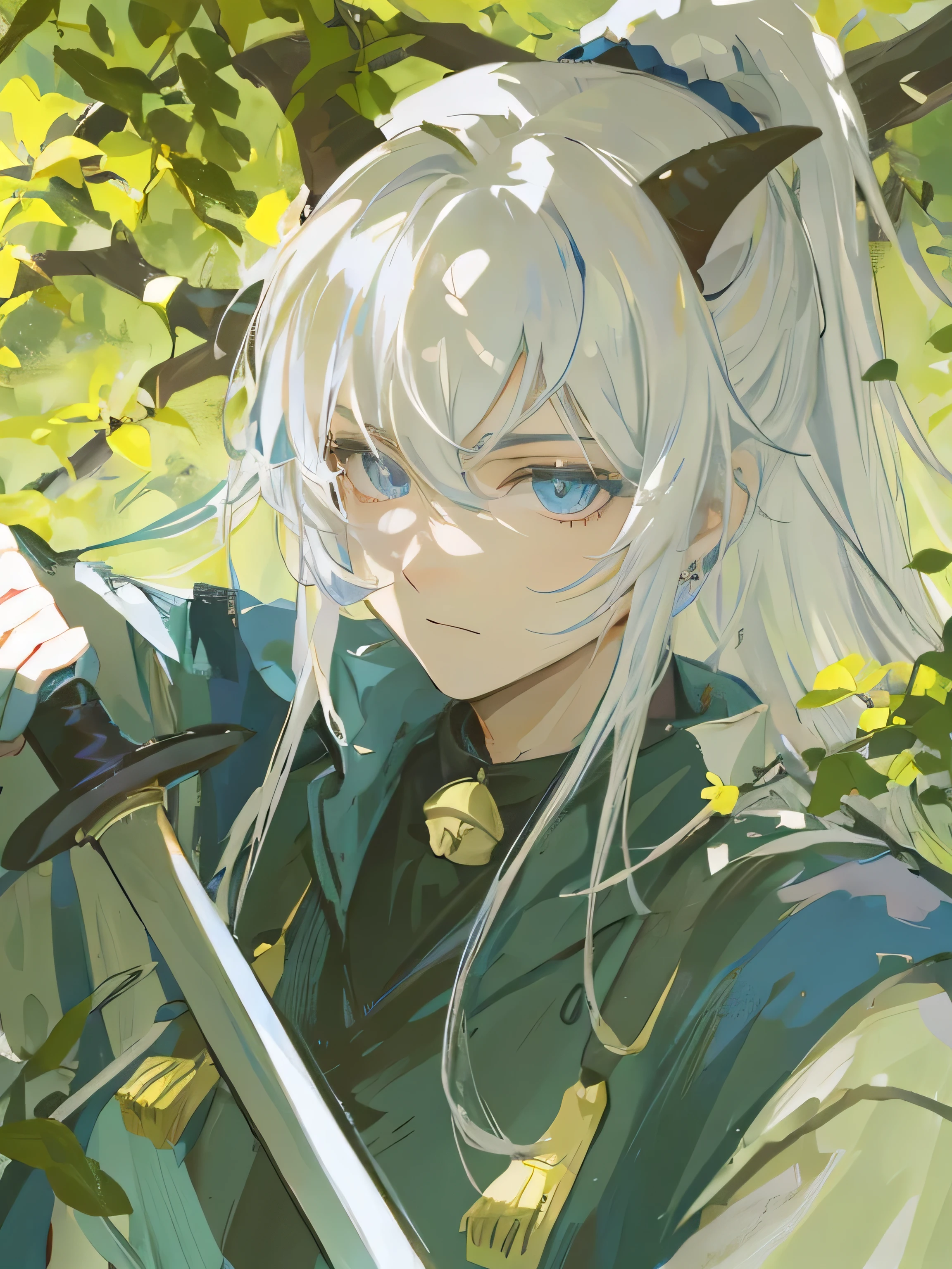 Cool atmosphere,Sheep horns,Neck bell,Blue Eyes,male,antiquity,Chinese style,Holding a sword