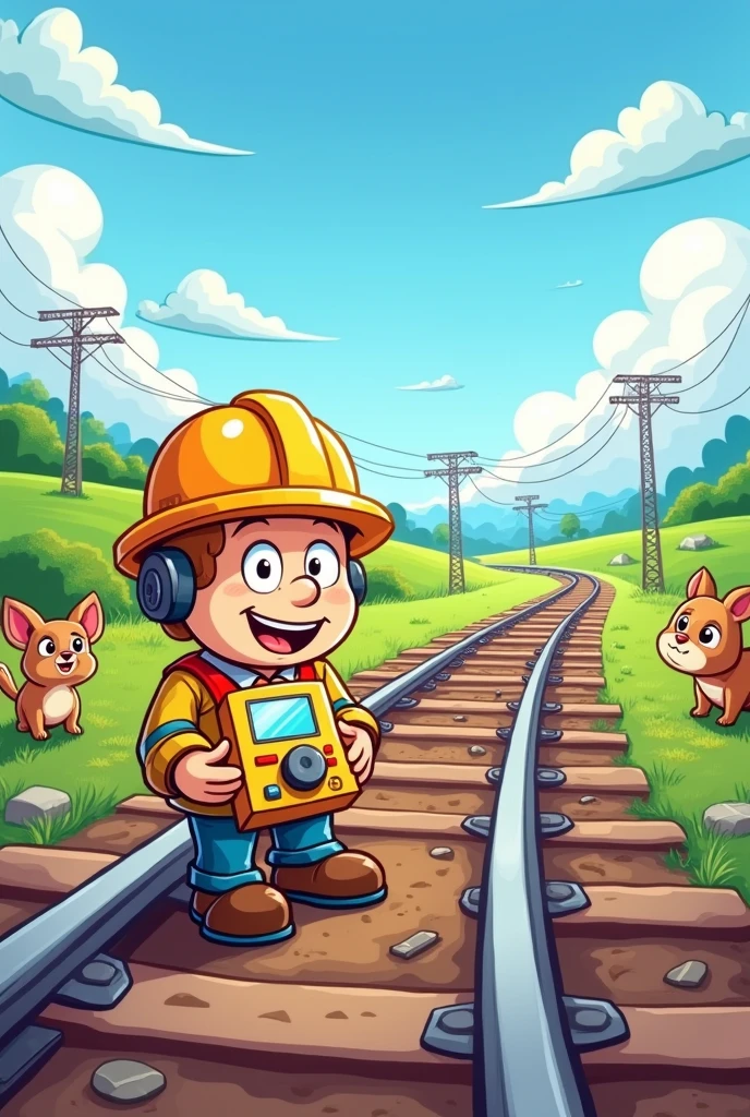 Total station railway work cartoon image