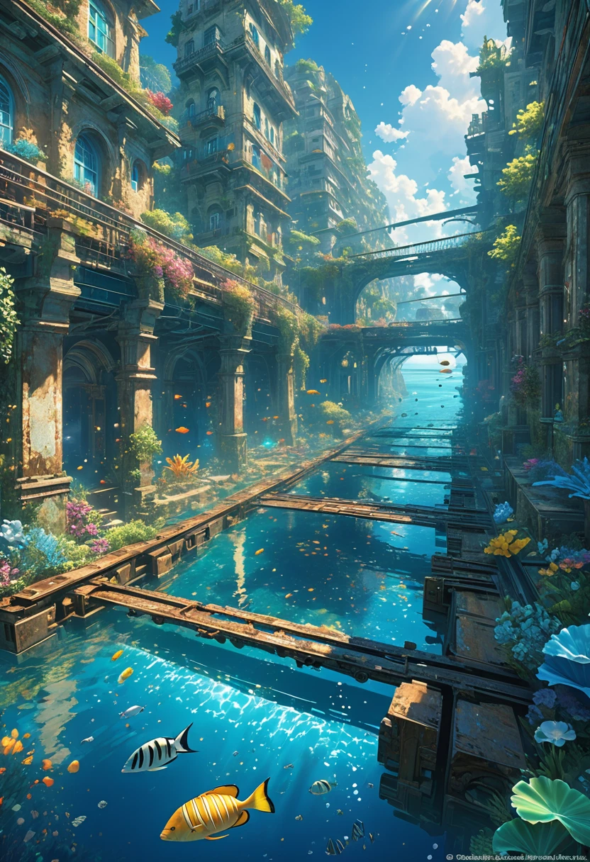 score_9, score_8_upper, score_7_upper,(((Fantastic underwater city))),Sea,Submersion,Artistic underwater city,A city sunk to the bottom of the sea,train,ruins,beautiful海,Sunken rail,(((Blue overall color))),summer,Streaks of light from the water surface,(masterpiece, Highest quality, Highest quality, Official Art, beautifull, beautiful:1.2,Ray Tracing),Very detailed,Blue tones,Very detailed, (Fractal Art:1.3), Most detailed, High resolution, Impressive visuals, (Dynamic Stripes, Light trail:1.2), Detailed Images